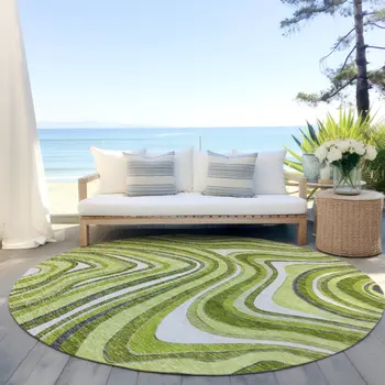8' Lime Green And Charcoal Round Abstract Washable Indoor Outdoor Area Rug