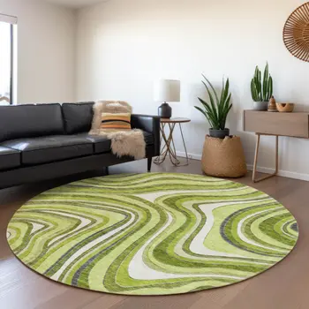 8' Lime Green And Charcoal Round Abstract Washable Indoor Outdoor Area Rug