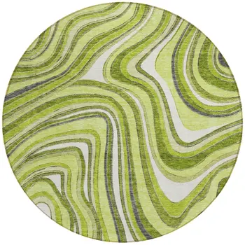 8' Lime Green And Charcoal Round Abstract Washable Indoor Outdoor Area Rug