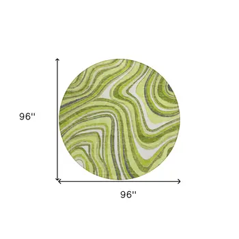 8' Lime Green And Charcoal Round Abstract Washable Indoor Outdoor Area Rug