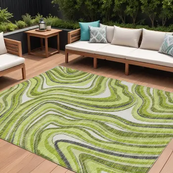 10' X 14' Lime Green And Charcoal Abstract Washable Indoor Outdoor Area Rug