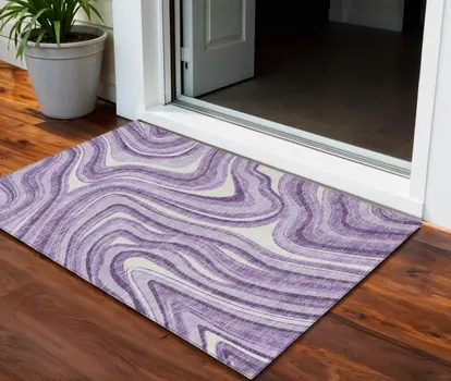 3' X 5' Lavender Purple And Ivory Abstract Washable Indoor Outdoor Area Rug