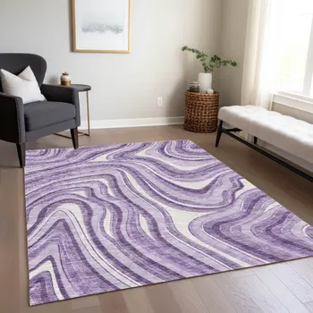 3' X 5' Lavender Purple And Ivory Abstract Washable Indoor Outdoor Area Rug
