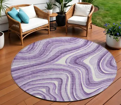 8' Lavender Purple And Ivory Round Abstract Washable Indoor Outdoor Area Rug