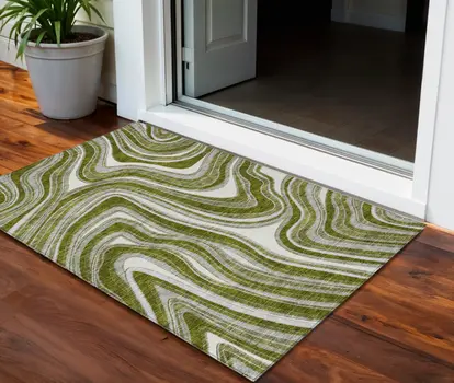 3' X 5' Olive Green Gray And Ivory Abstract Washable Indoor Outdoor Area Rug