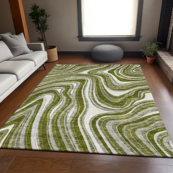 3' X 5' Olive Green Gray And Ivory Abstract Washable Indoor Outdoor Area Rug