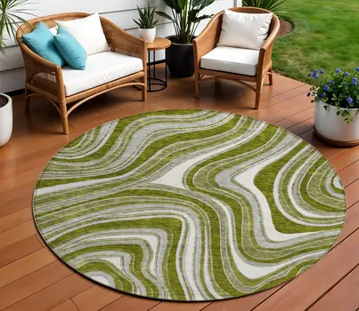 8' Olive Green Gray And Ivory Round Abstract Washable Indoor Outdoor Area Rug