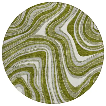 8' Olive Green Gray And Ivory Round Abstract Washable Indoor Outdoor Area Rug