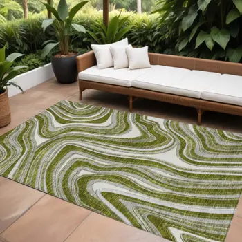 10' X 14' Olive Green Gray And Ivory Abstract Washable Indoor Outdoor Area Rug