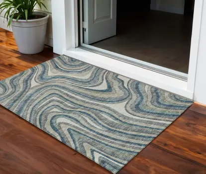 3' X 5' Teal Blue Gray And Taupe Abstract Washable Indoor Outdoor Area Rug