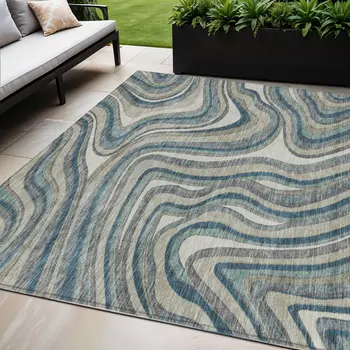 5' X 8' Teal Blue Gray And Taupe Abstract Washable Indoor Outdoor Area Rug