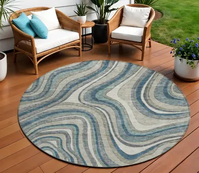 8' Teal Blue Gray And Taupe Round Abstract Washable Indoor Outdoor Area Rug