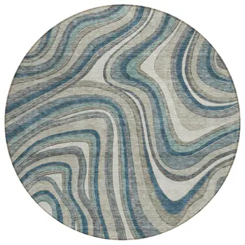 8' Teal Blue Gray And Taupe Round Abstract Washable Indoor Outdoor Area Rug
