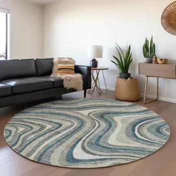 8' Teal Blue Gray And Taupe Round Abstract Washable Indoor Outdoor Area Rug