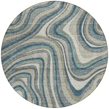 8' Teal Blue Gray And Taupe Round Abstract Washable Indoor Outdoor Area Rug