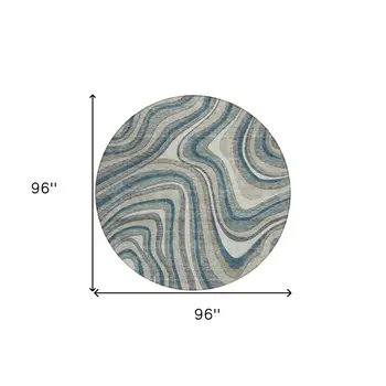 8' Teal Blue Gray And Taupe Round Abstract Washable Indoor Outdoor Area Rug
