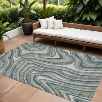 10' X 14' Teal Blue Gray And Taupe Abstract Washable Indoor Outdoor Area Rug