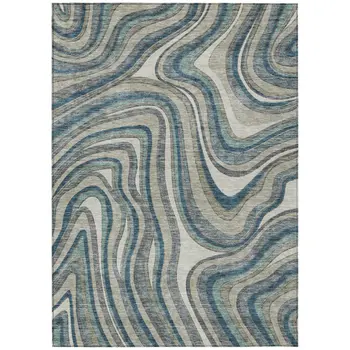 10' X 14' Teal Blue Gray And Taupe Abstract Washable Indoor Outdoor Area Rug