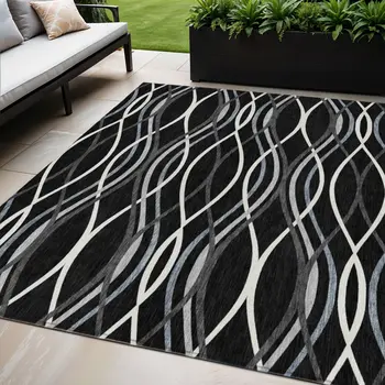 5' X 8' Black Gray And Ivory Abstract Washable Indoor Outdoor Area Rug