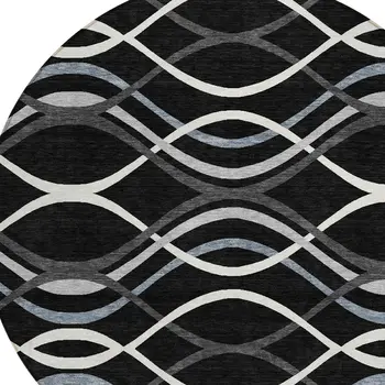 8' Black Gray And Ivory Round Abstract Washable Indoor Outdoor Area Rug
