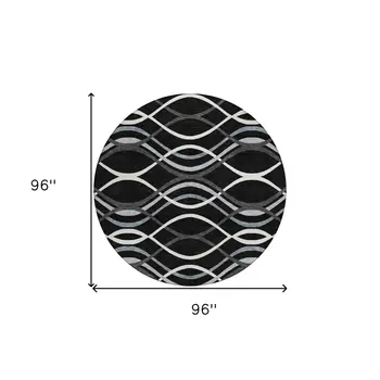 8' Black Gray And Ivory Round Abstract Washable Indoor Outdoor Area Rug