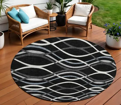 8' Black Gray And Ivory Round Abstract Washable Indoor Outdoor Area Rug