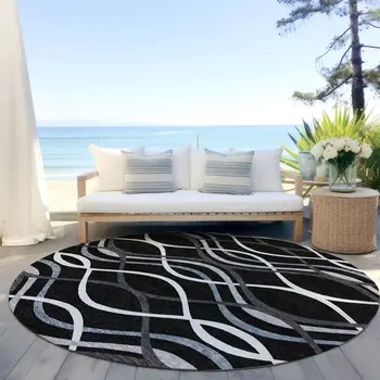 8' Black Gray And Ivory Round Abstract Washable Indoor Outdoor Area Rug