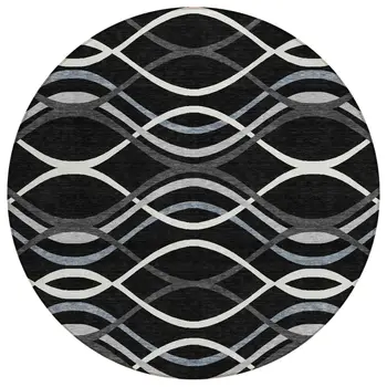 8' Black Gray And Ivory Round Abstract Washable Indoor Outdoor Area Rug