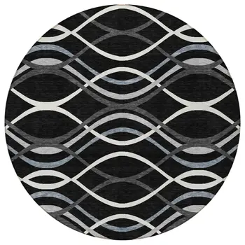 8' Black Gray And Ivory Round Abstract Washable Indoor Outdoor Area Rug