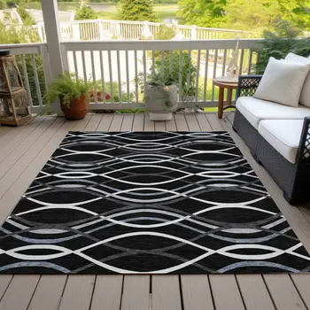 8' X 10' Black Gray And Ivory Abstract Washable Indoor Outdoor Area Rug