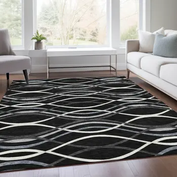 8' X 10' Black Gray And Ivory Abstract Washable Indoor Outdoor Area Rug