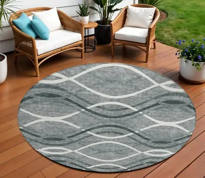 8' Gray Ivory And Charcoal Round Abstract Washable Indoor Outdoor Area Rug
