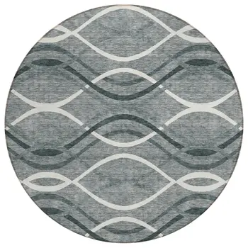 8' Gray Ivory And Charcoal Round Abstract Washable Indoor Outdoor Area Rug