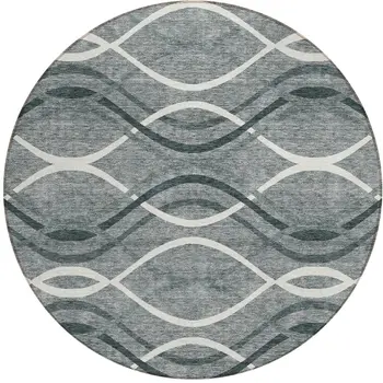 8' Gray Ivory And Charcoal Round Abstract Washable Indoor Outdoor Area Rug