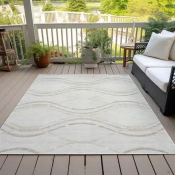5' X 8' Ivory Beige And Taupe Abstract Washable Indoor Outdoor Area Rug
