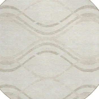 8' Ivory Beige And Taupe Round Abstract Washable Indoor Outdoor Area Rug