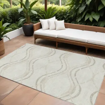 9' X 12' Ivory Beige And Taupe Abstract Washable Indoor Outdoor Area Rug