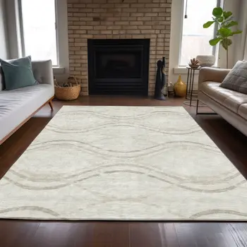 9' X 12' Ivory Beige And Taupe Abstract Washable Indoor Outdoor Area Rug