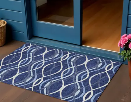 3' X 5' Navy Blue And Denim Blue Abstract Washable Indoor Outdoor Area Rug