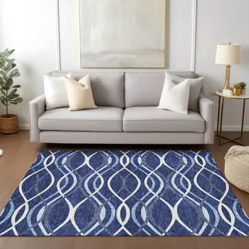 3' X 5' Navy Blue And Denim Blue Abstract Washable Indoor Outdoor Area Rug