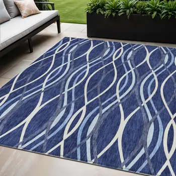 5' X 8' Navy Blue And Denim Blue Abstract Washable Indoor Outdoor Area Rug