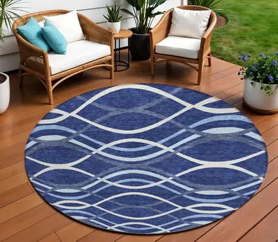 8' Navy Blue And Denim Blue Round Abstract Washable Indoor Outdoor Area Rug