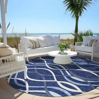 8' Navy Blue And Denim Blue Round Abstract Washable Indoor Outdoor Area Rug