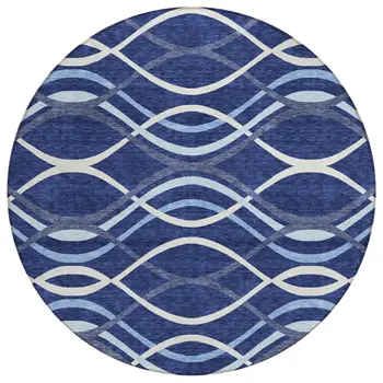 8' Navy Blue And Denim Blue Round Abstract Washable Indoor Outdoor Area Rug