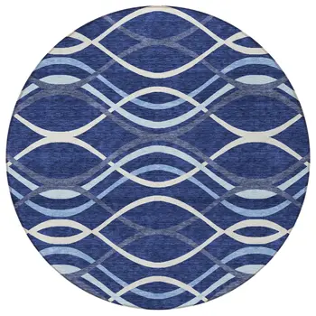 8' Navy Blue And Denim Blue Round Abstract Washable Indoor Outdoor Area Rug