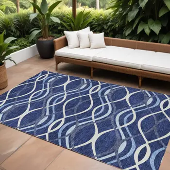 8' X 10' Navy Blue And Denim Blue Abstract Washable Indoor Outdoor Area Rug