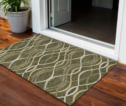 3' X 5' Olive Green Fern Green And Ivory Abstract Washable Indoor Outdoor Area Rug