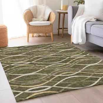 3' X 5' Olive Green Fern Green And Ivory Abstract Washable Indoor Outdoor Area Rug