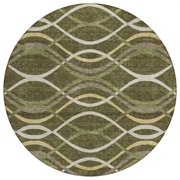 8' Olive Green Fern Green And Ivory Round Abstract Washable Indoor Outdoor Area Rug