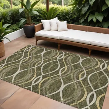 10' X 14' Olive Green Fern Green And Ivory Abstract Washable Indoor Outdoor Area Rug